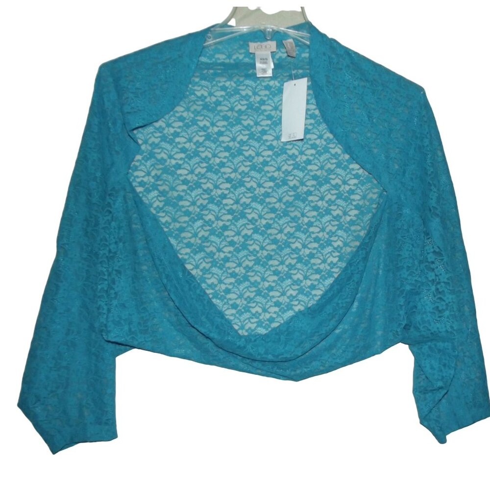 LOGO Lori Goldstein Shrug Womens Size XS/S Turquoise Blue lace cardigan jacket